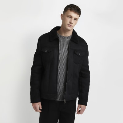 Black faux suede zip western jacket