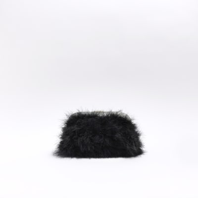 Black feather clutch bag River Island