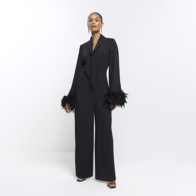 Black feather cuff wide leg jumpsuit River Island
