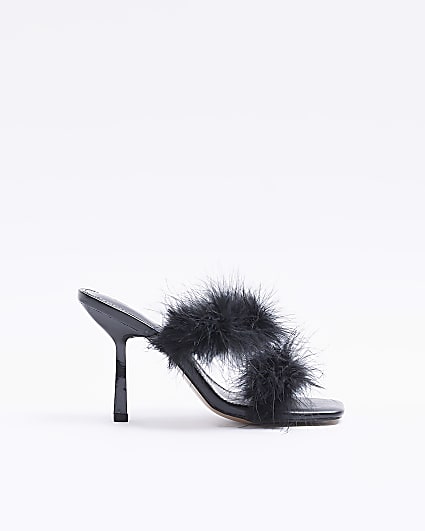 Black feather heeled mules