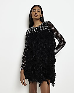 Black feather studded bodycon mini dress