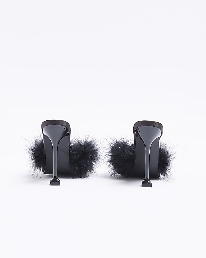 Black feather trim heeled court shoes
