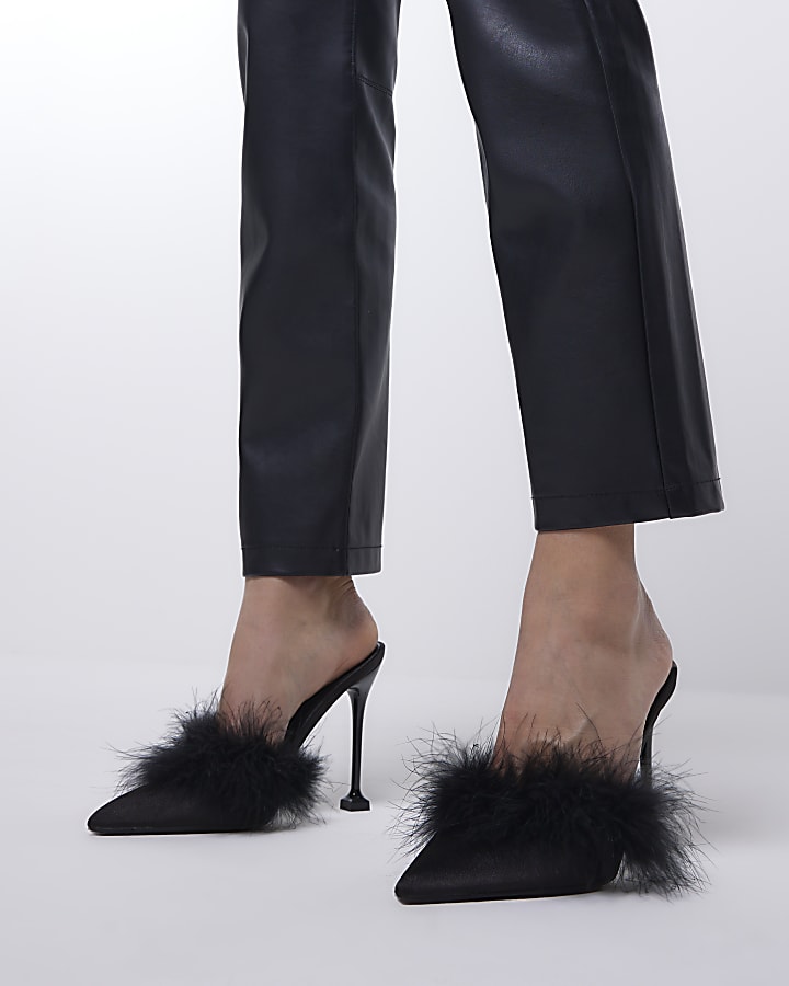 Black feather trim heeled court shoes