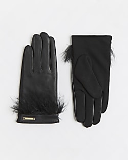 Black feather trim leather gloves