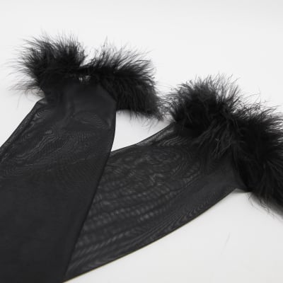 Black feather trim long gloves River Island