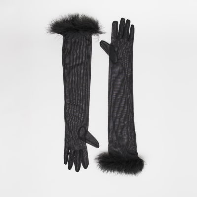 Black feather trim long gloves River Island