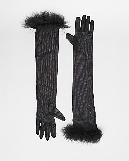 Black feather trim long gloves