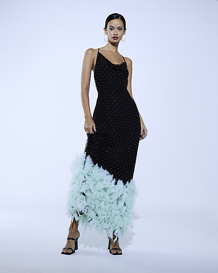 Black feather trim maxi dress