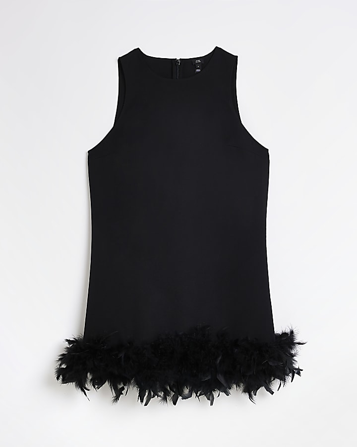 Black feather trim shift mini dress