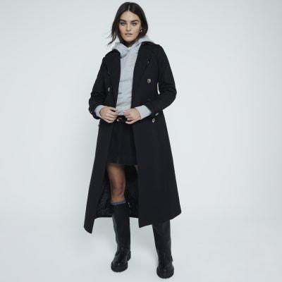 River Island Womens Black Fitted Cotton Trench Coat