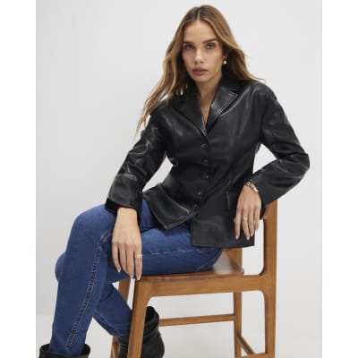 Black Fitted Faux Leather Blazer | River Island