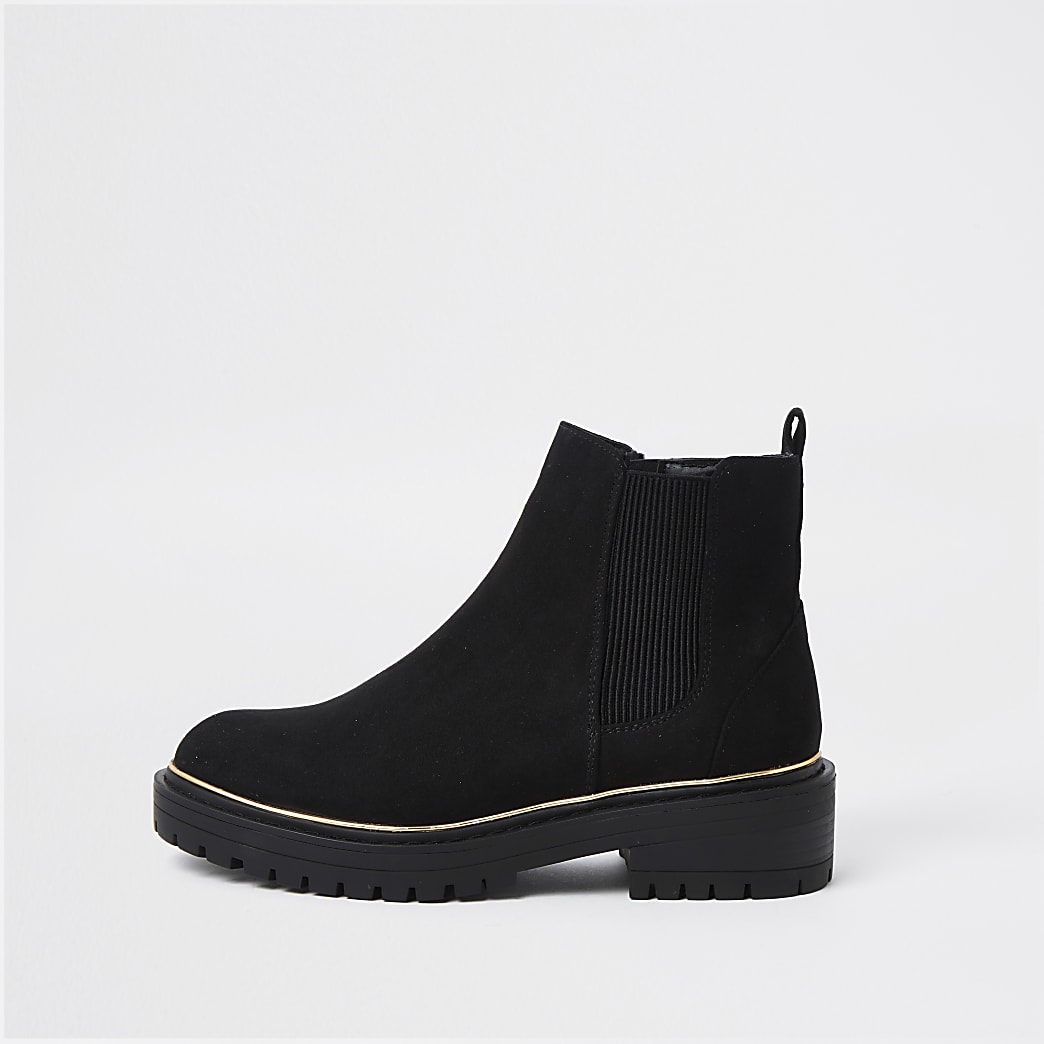 Black flat chunky chelsea ankle boots | River Island