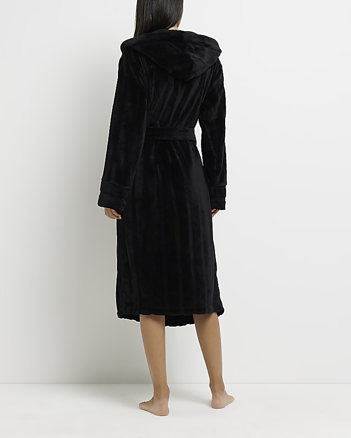 Black fleece hooded longline dressing gown