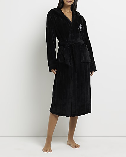 Black fleece hooded longline dressing gown