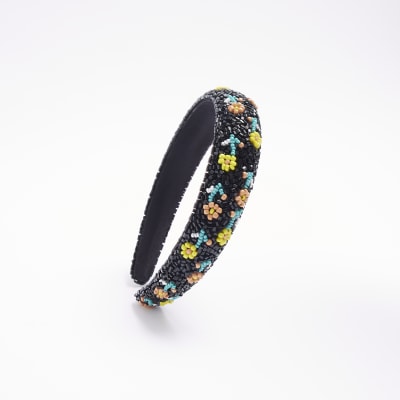 Black floral beaded headband
