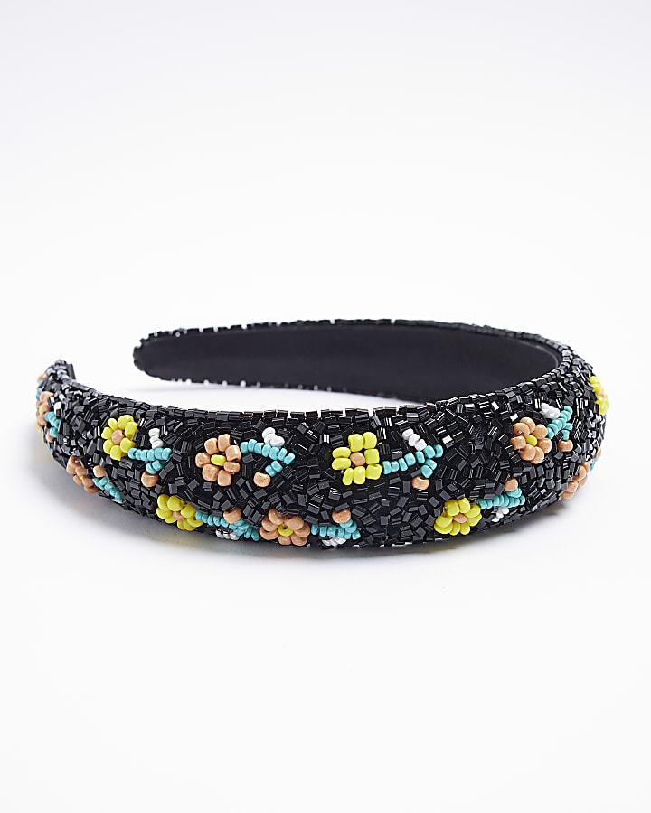 Black floral beaded headband