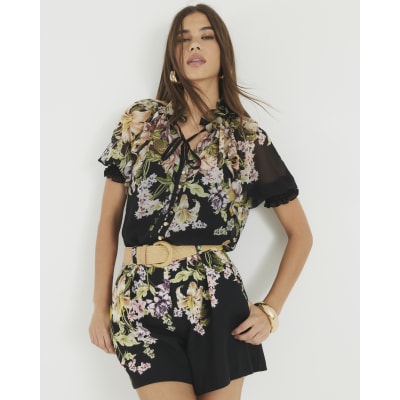 Black Floral Belted Shorts