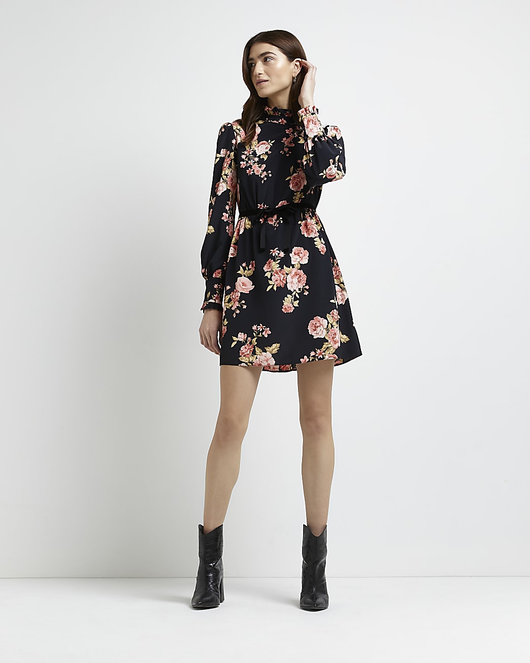 Black floral bow front mini dress