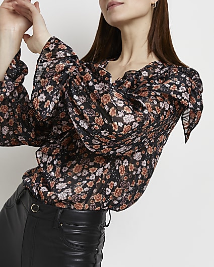 Black floral chiffon blouse