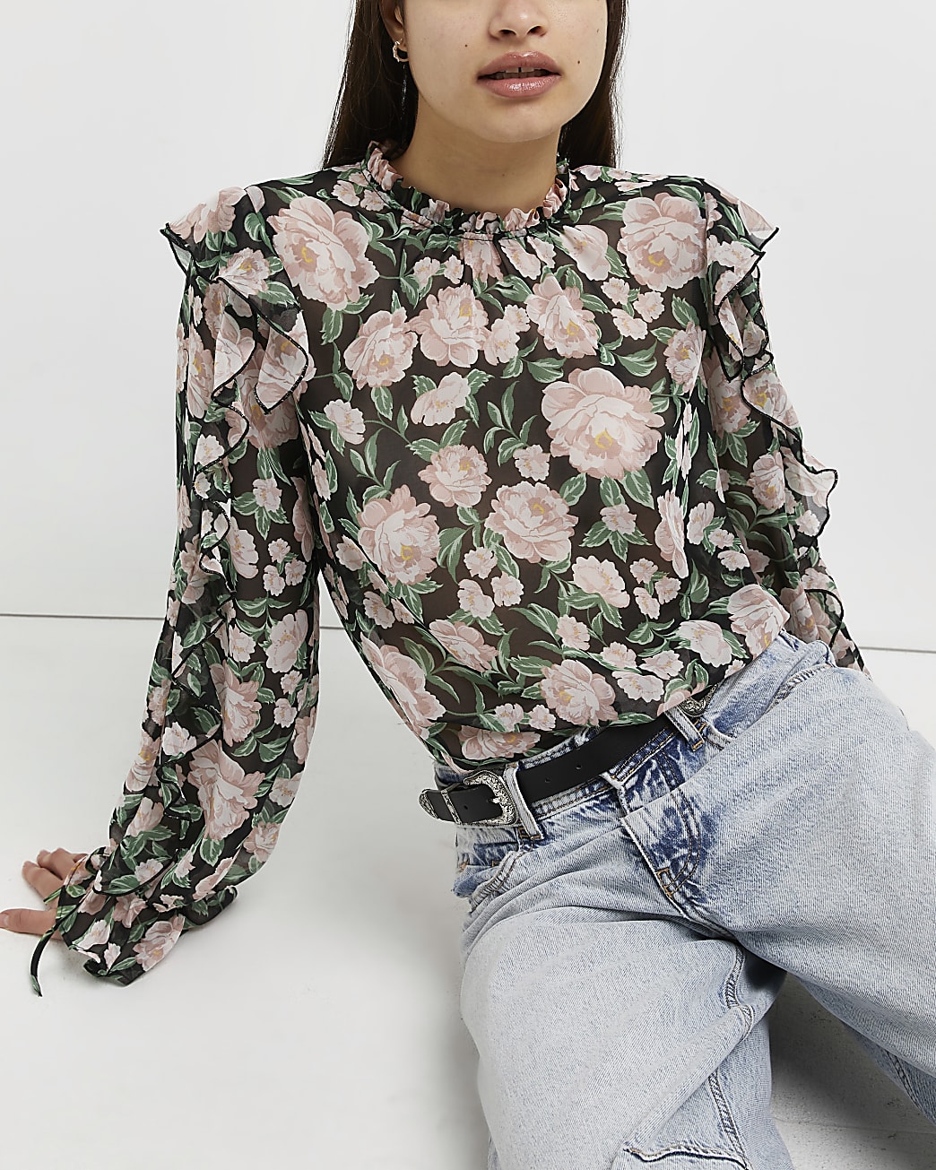 Black floral chiffon blouse