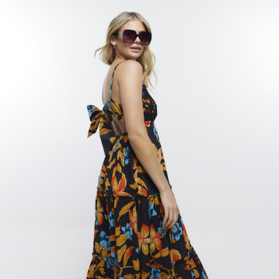 Black floral crochet detail beach maxi dress River Island