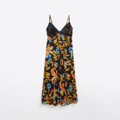 Black floral crochet detail beach maxi dress River Island