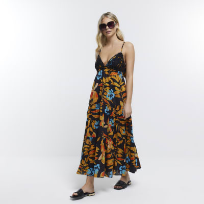 Black floral crochet detail beach maxi dress River Island