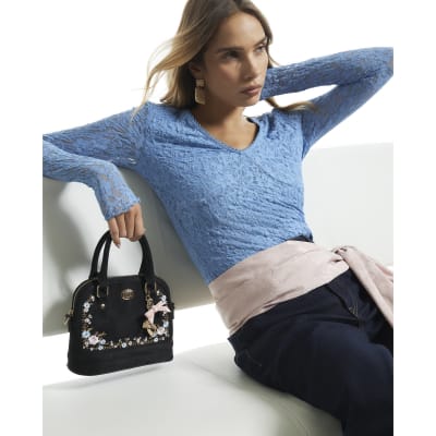 Black Floral Embroidered Faux Suede Bag