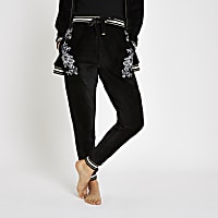 Black floral embroidered loungewear joggers