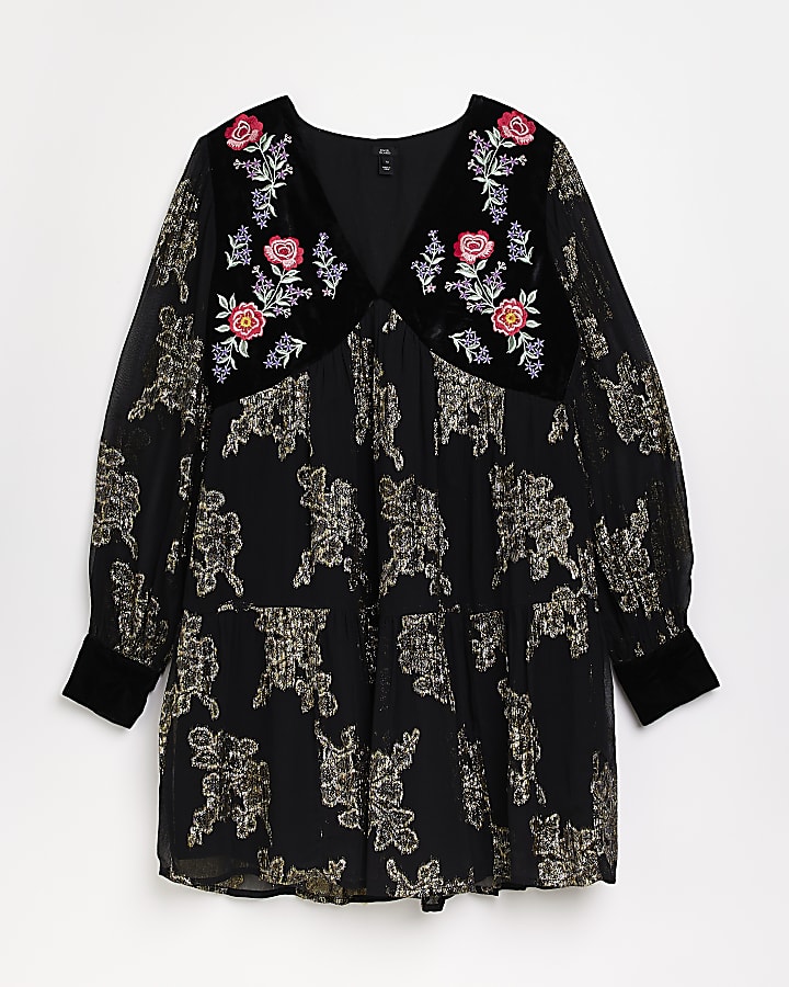 Black floral embroidered smock mini dress
