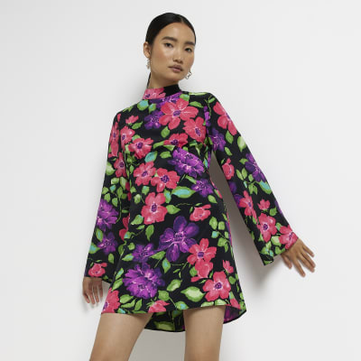 Black floral flute sleeves mini dress | River Island