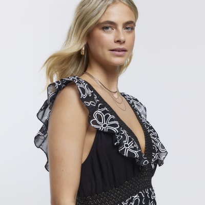 Black floral frill detail beach maxi dress River Island