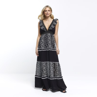 Black Floral Frill Detail Beach Maxi Dress River Island