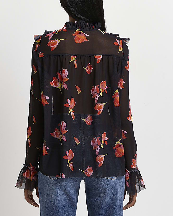 Black floral frill detail blouse