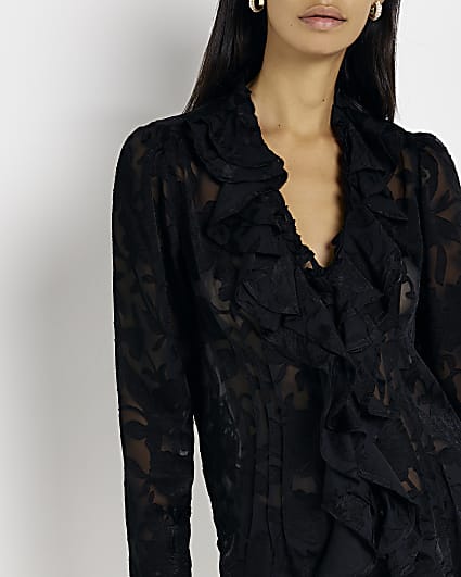 Black floral frill long sleeve blouse