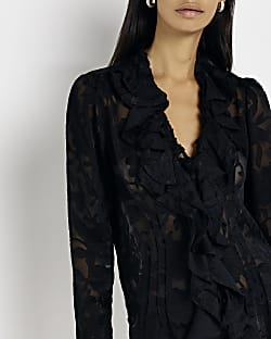 Black floral frill long sleeve blouse