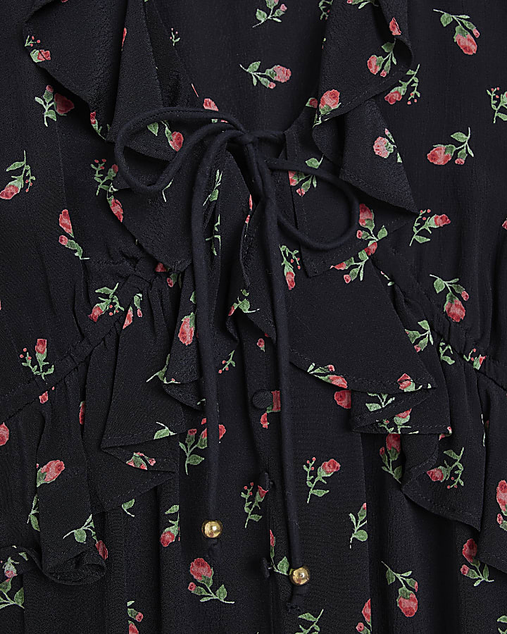 Black floral frill long sleeve mini dress