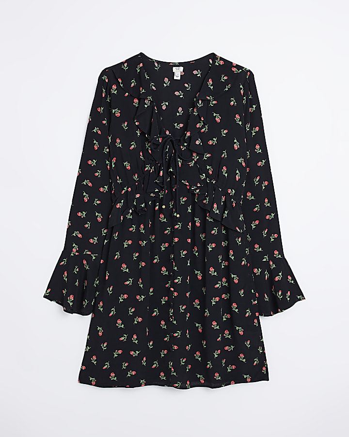 Black floral frill long sleeve mini dress