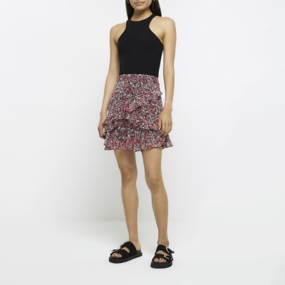 Black floral frill mini skirt | River Island