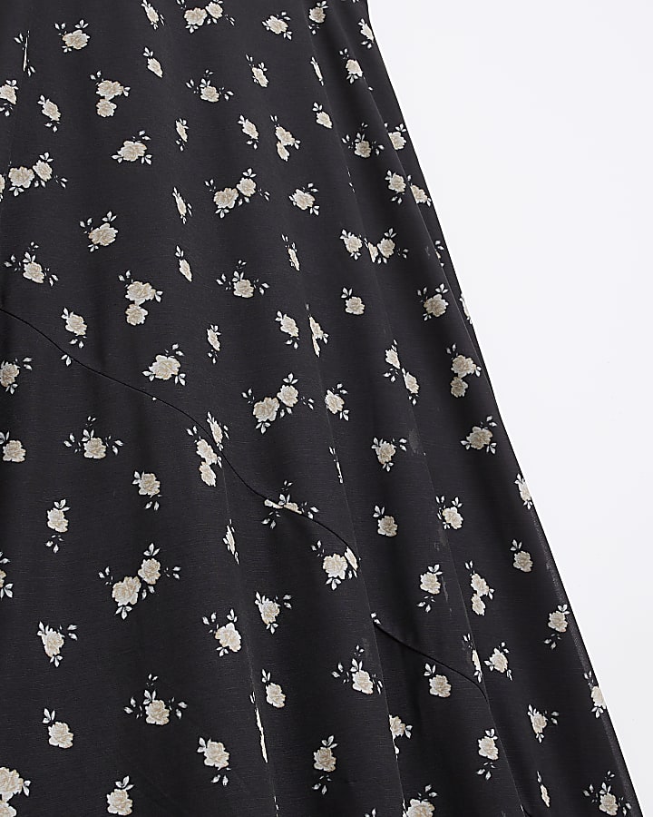 Black floral frill short sleeve midi dress