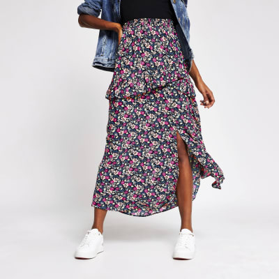 river island purple floral frill maxi dress