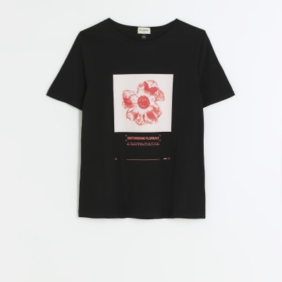Black floral graphic tshirt River Island