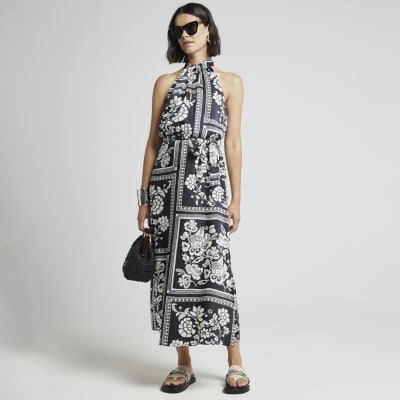 River Island Womens Black Floral Halter Neck Shift Midi Dress