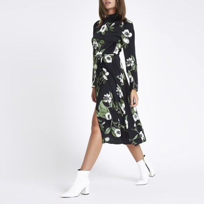 Black floral high neck tie side dress