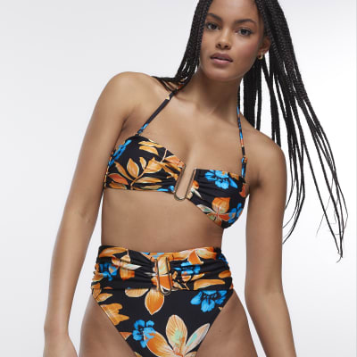 Black Floral High Waisted Bikini Bottoms River Island