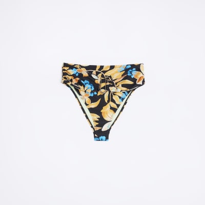 Black Floral High Waisted Bikini Bottoms River Island