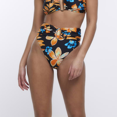 Black Floral High Waisted Bikini Bottoms River Island