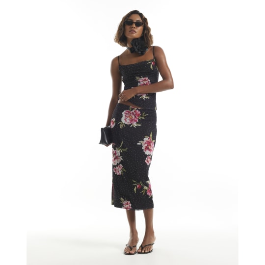 River Island Black Floral Hotfix Mesh Maxi Skirt
