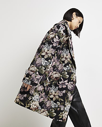 Black floral jacquard coat