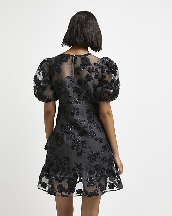 Black floral jaquard puff sleeve wrap dress